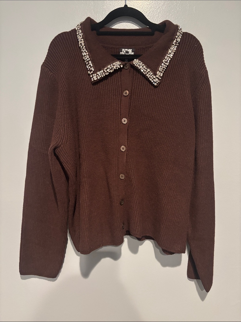 Embellished-Collar Brown Knit Cardigan Sweater